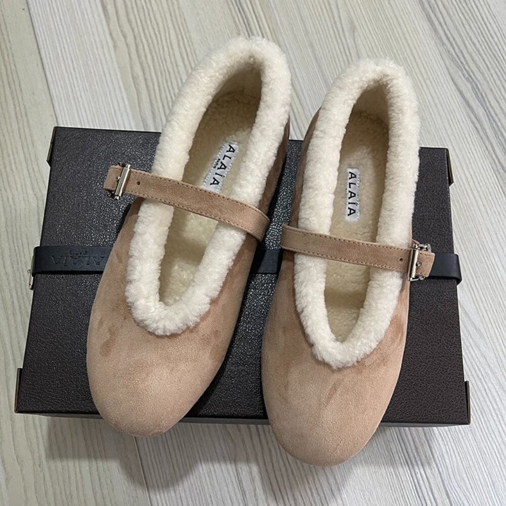 Alaia Suede Shearling Mary Jane Ballerina Flats